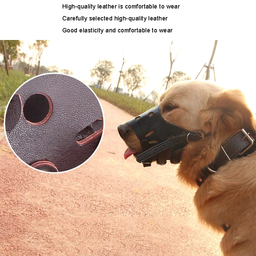 Bozal Ajustable de Cuero Negro for Perros for prevenir ladridos, mordiscos y masticación(M)