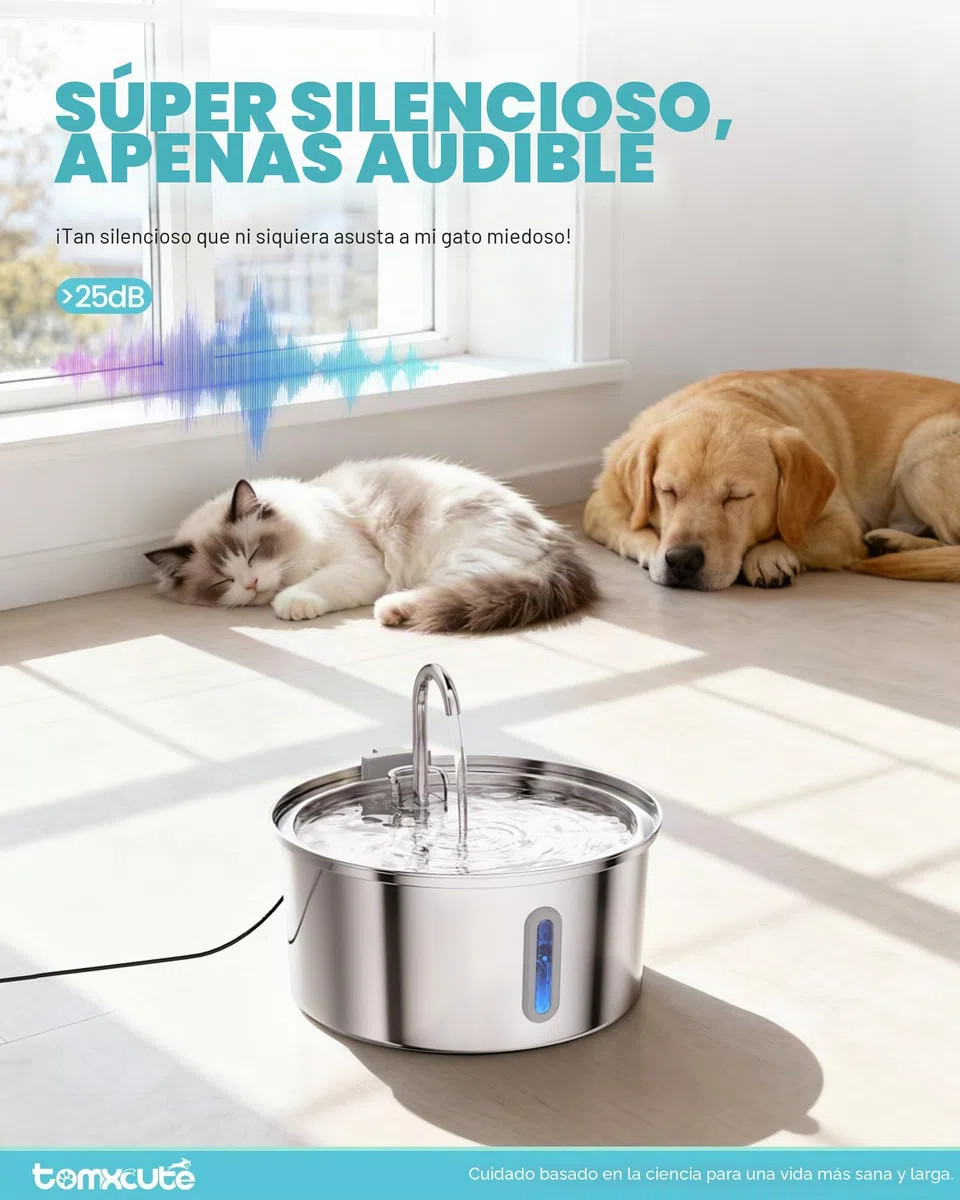 Tomxcute - Fuente de Agua para Gatos, dispensador automático de Agua de Acero Inoxidable de 3.2 l/12 onzas, Bomba Ultra silenciosa y 3 filtros de Repuesto y para Gatos, Perros, múltiples Mascotas