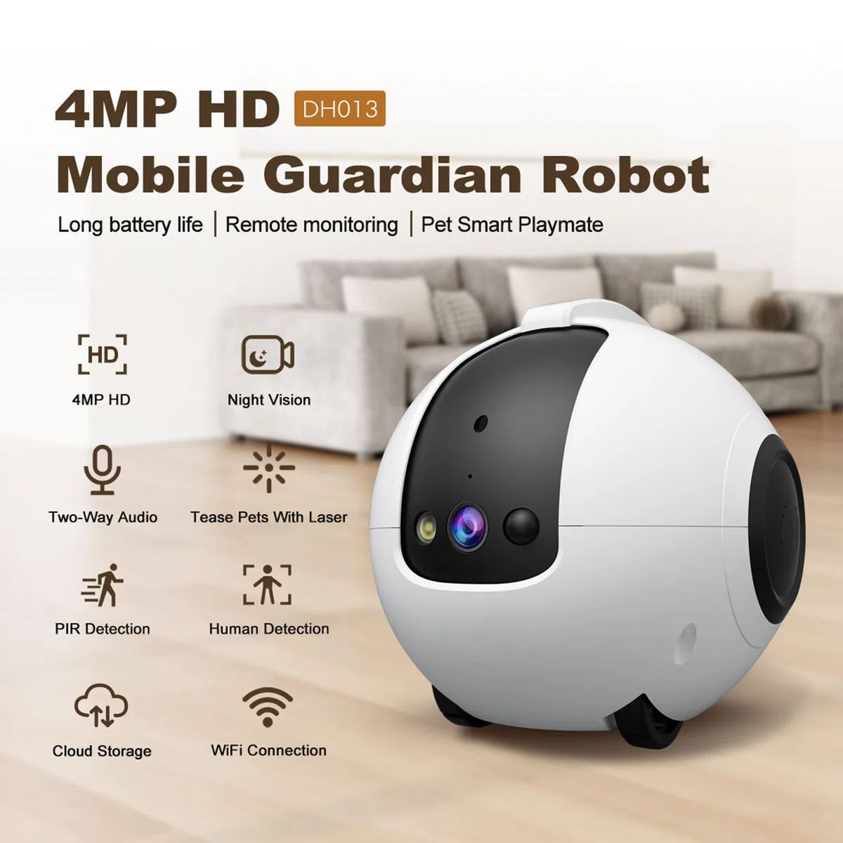Tonysa Robot con Cámara para el Hogar, Cámara Móvil de 4 MP y 2.5K para Mascotas con Llamada con un, Audio Bidireccional y Grabación de Video, para Vigilancia de Seguridad en