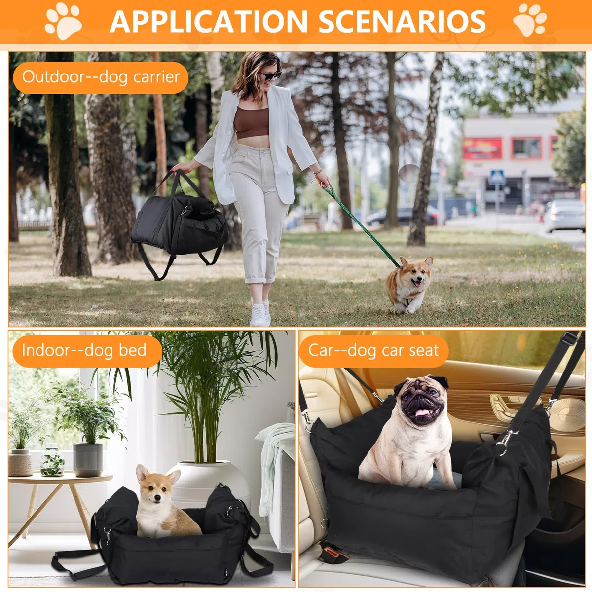 Avmvnvc Asiento Perro Coche Pequeño, Cama Perro Coche Portátil 2-in-1, Asientos Elevadores de Coche para Perros con Cojín Desmontable y Lavable, Correa de Seguridad y Bolsillos Laterales, Negro