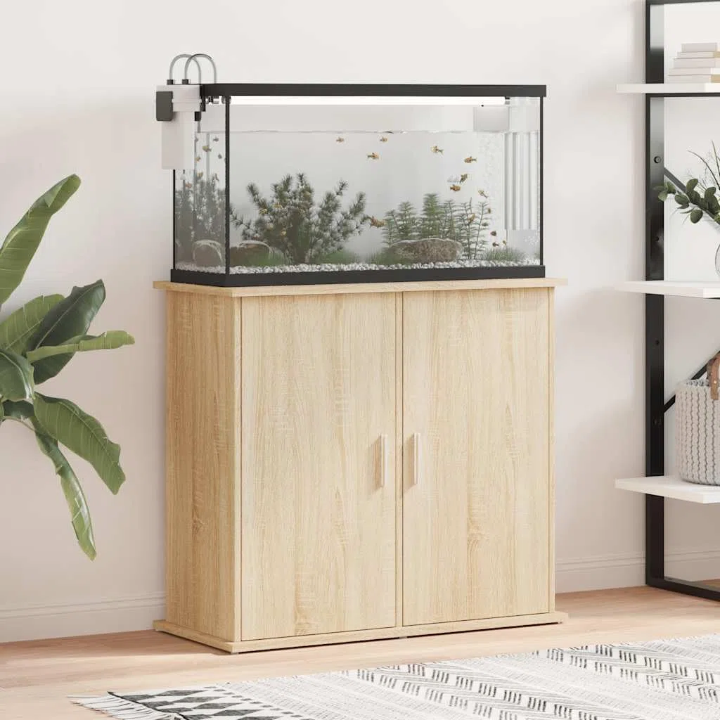 Soporte para acuario, roble Sonoma, madera de 81 x 36 x 73 cm, con espacio de almacenamiento, armario inferior estable para agua dulce y agua de mar, estantería con puertas para accesorios y