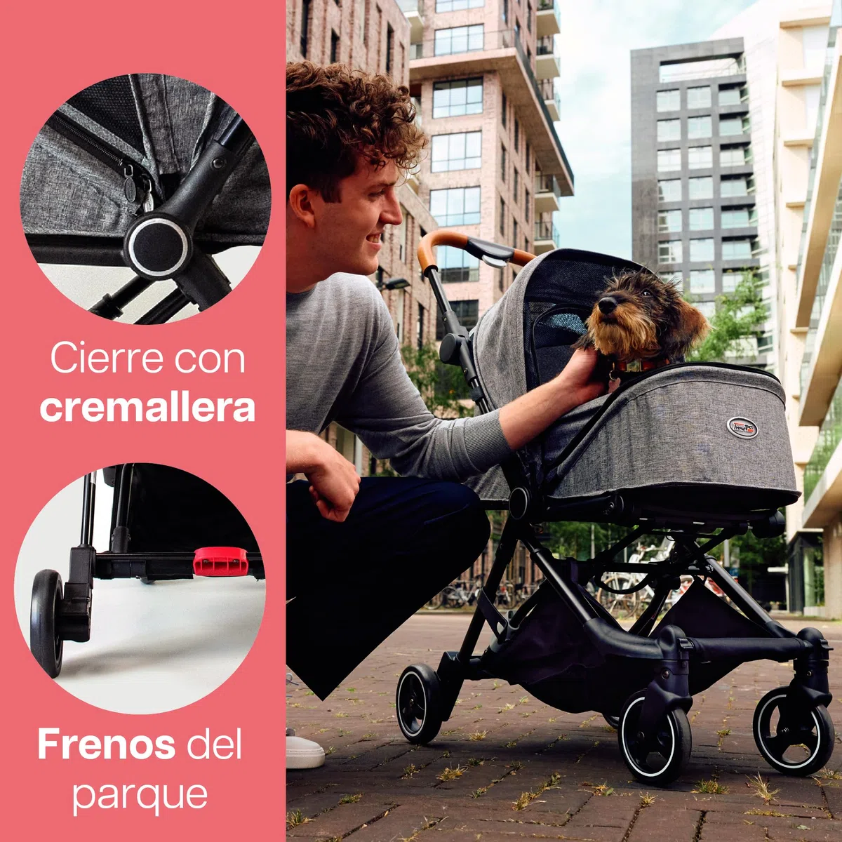 Innopet City carrito gris - Cochecito compacto para perros y gatos hasta 11kg, plegado con una mano, barra de cuero sintético y diseño ligero de 4 ruedas