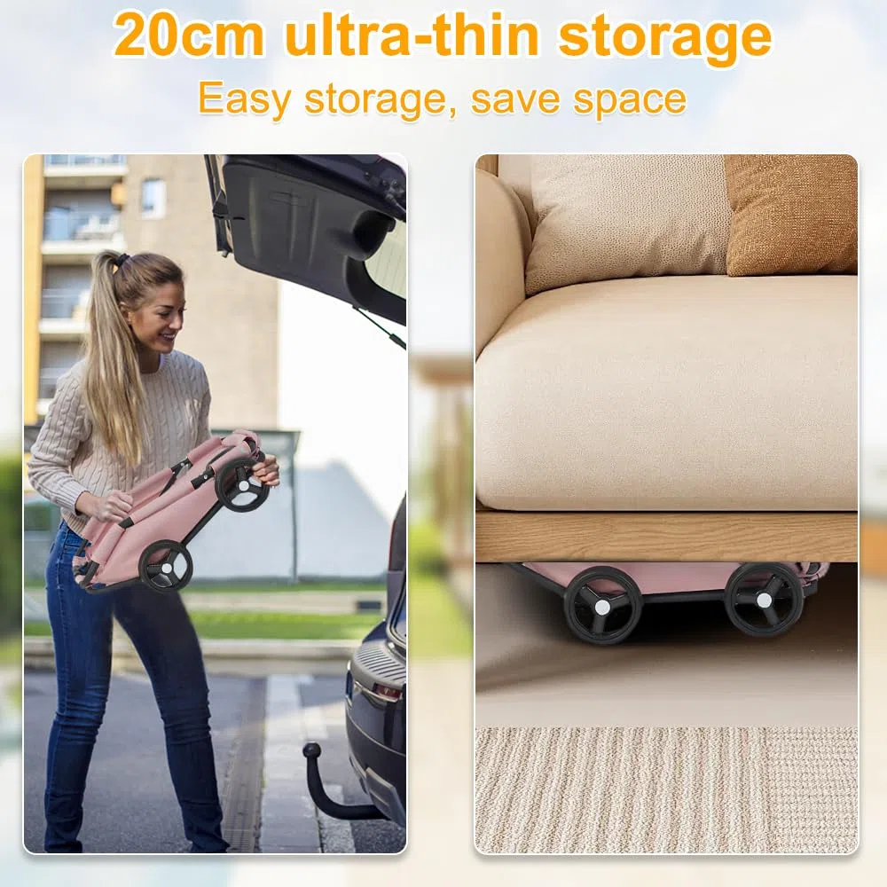 Carro de transporte para perros y gatos con asa retráctil, cochecito de viaje plegable de 4 ruedas con bolsa transportadora lavable para animales pequeños, hasta 4 kg (rosa)