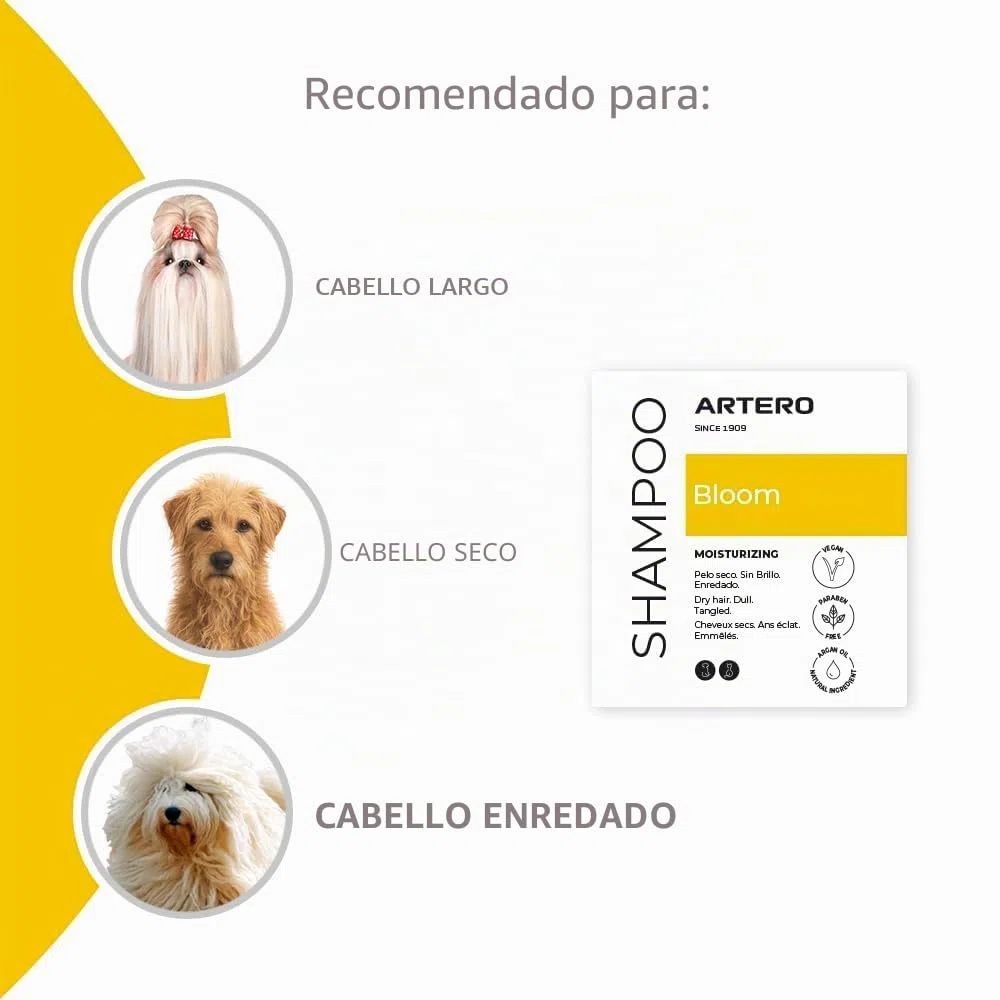Artero Bloom. Champú para Perros con Aceite de Argán, Ideal para Perros de Pelo Largo, seco o dañado. Aporta Brillo, suavidad y nutrición sin resecar la Piel. Super Hidratante.
