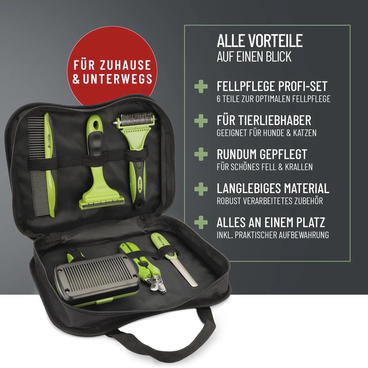 ReaVET Juego de 6 cepillos profesionales para perros y gatos, cepillo para perros y gatos, cepillo para perros y gatos, cepillo para fieltrado, cepillo para debajo del pelo, peine para pulgas, tijeras
