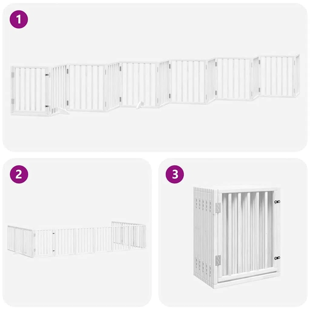 12-TLG. Puerta plegable para perros de madera de álamo blanca con puerta de 600 cm, independiente y portátil, barrera para interior y exterior, protección y seguridad para cachorros y perros