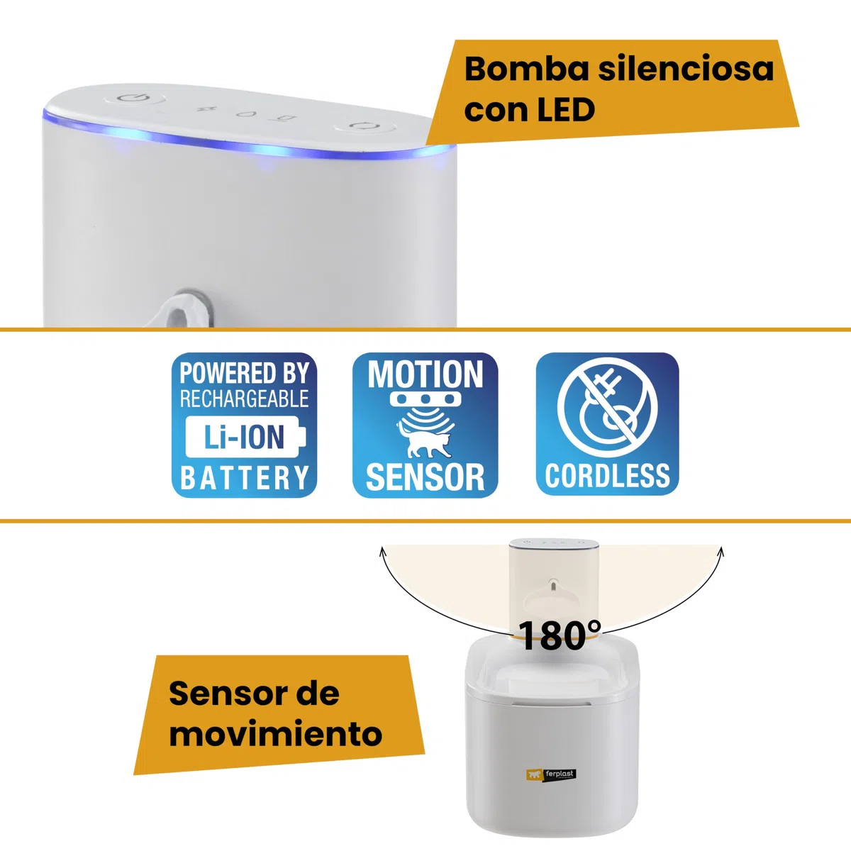 Ferplast Fuente para Gatos y Perros Pequeños Astra, Fuente de Agua para Gatos Inalámbrica, Dispensador de Agua para Gatos Recargable, Sensor de Movimiento, 3 L, Filtro de Tres Etapas, USB-C Incluido