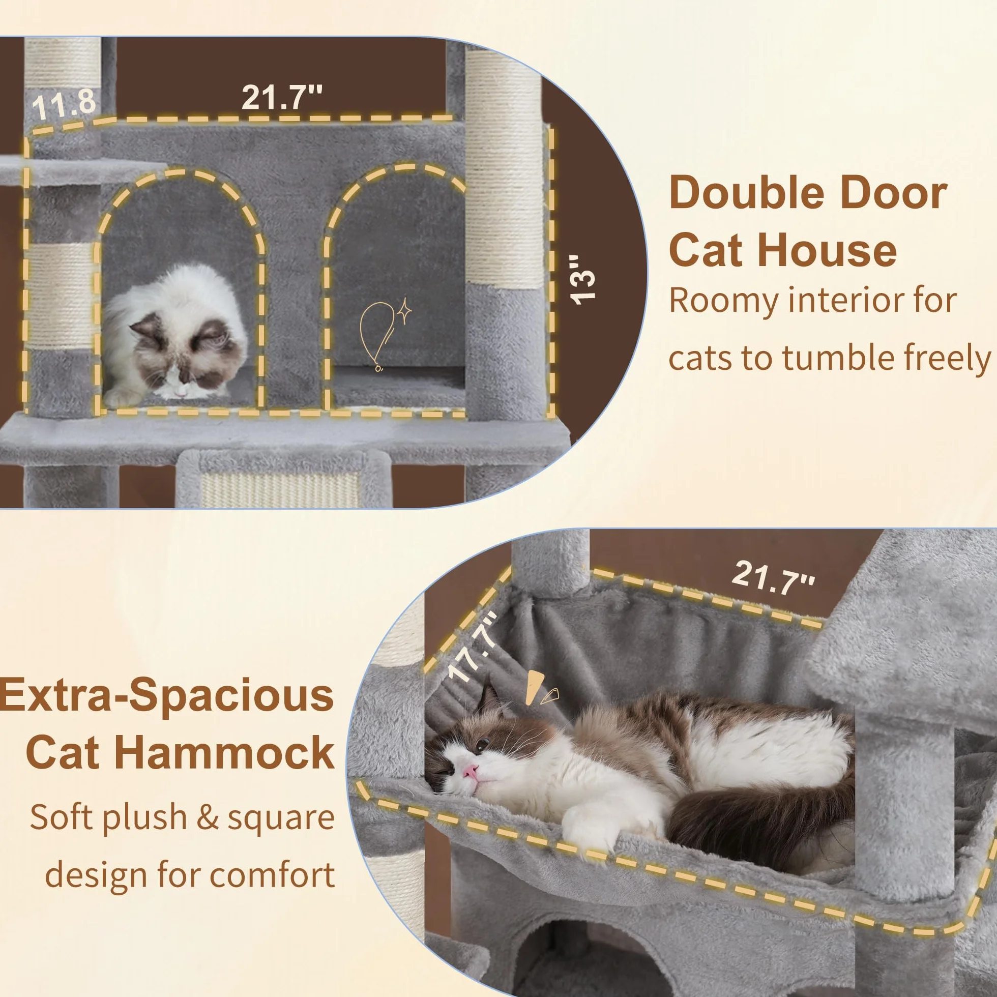 Heybly Rascador para Gatos, 191cm Arbol Rascador Grande con 2 Plataformas Descanso Extra Grandes, Superficie para Rascar, Cueva Grande Cesta Poste Sisal Adecuado Gatos Adultos, Gris Claro HCT038W