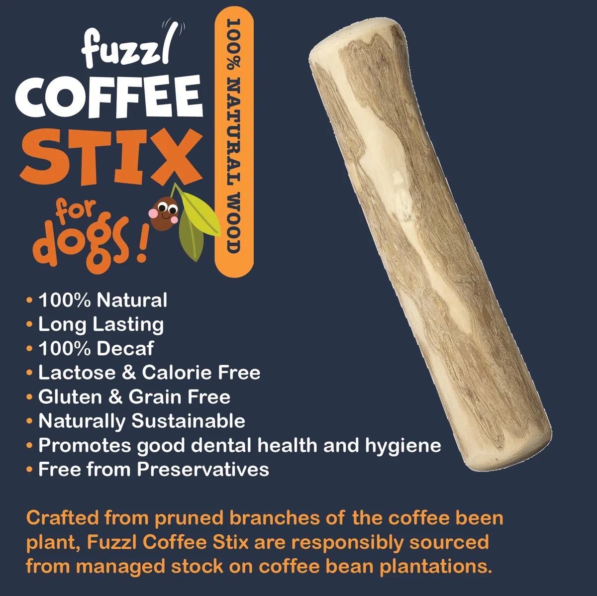 Fuzzl Coffee Stix - Juguetes masticables para Perros de Madera de café, Juguetes Naturales, Huesos Resistentes, Pack de 2 Unidades