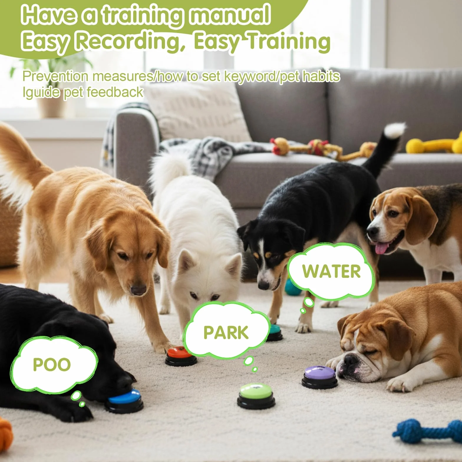 Botones para Comunicación Perro 10 Botones para Hablar Inicio 30S HD Botones de Entrenamiento con Alfombrilla Antideslizante Impermeable + 50 Pegatinas Escenales | Botón de entrenamiento para perros, alfombrilla impermeable + adhesivo de entrenamiento par