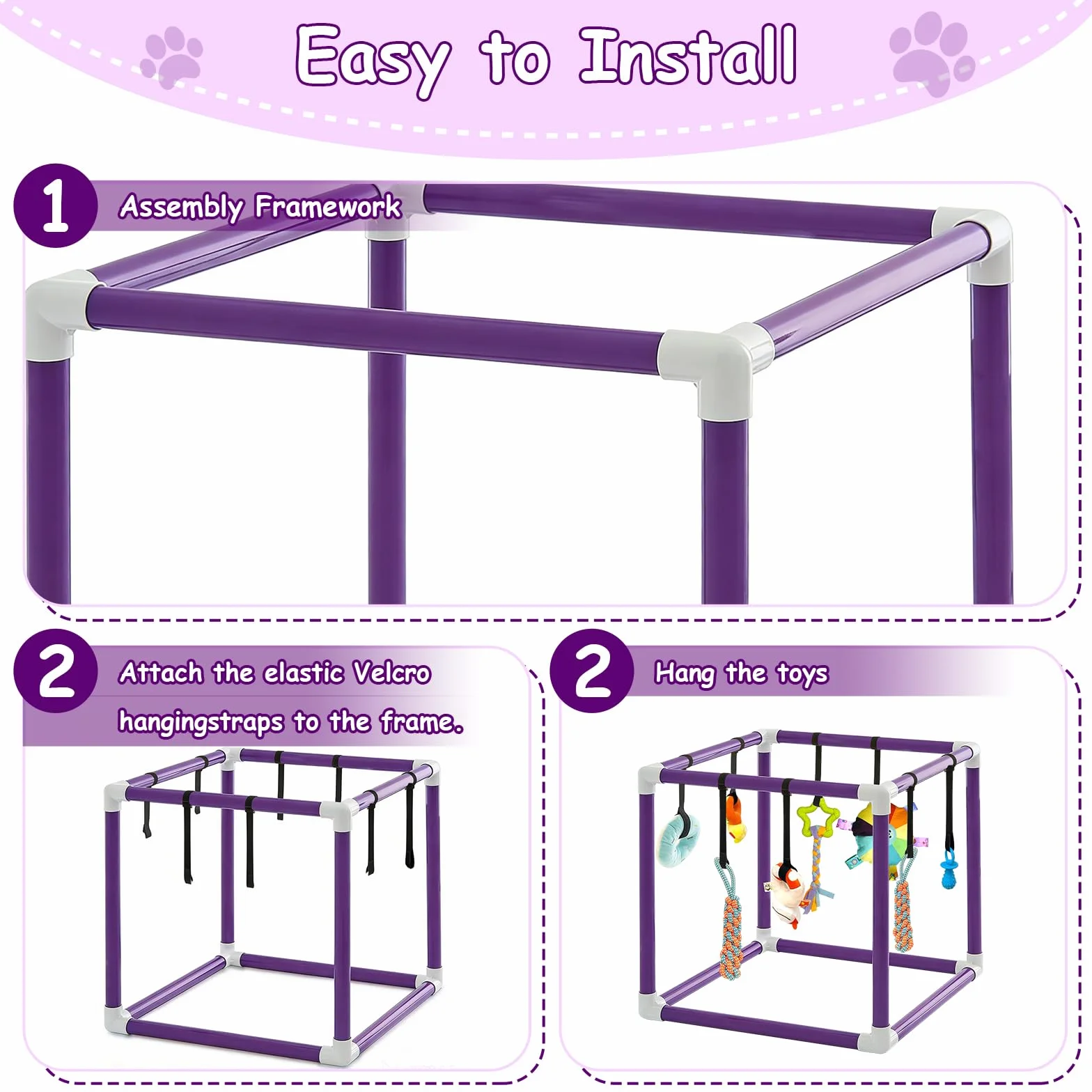 Estudio de juegos para cachorros con 8 juguetes colgantes, marco de PVC morado, centro de actividades para perros pequeños, estudio de juegos para cachorros para perros pequeños, paraíso con