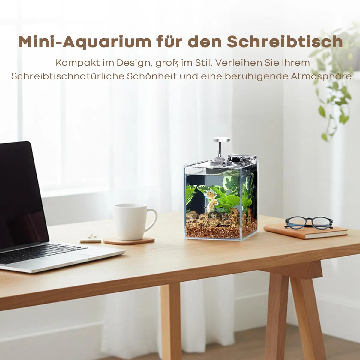 Desktop Betta Kleines Aquarium Glasaquarium 5 Liter Komplettset 15x15x20, Selbstreinigendes Filtersystem, Helles LED-Licht, Kies, Pflanze, Reinigungswerkzeug, Starter-Set für Kleine Räume