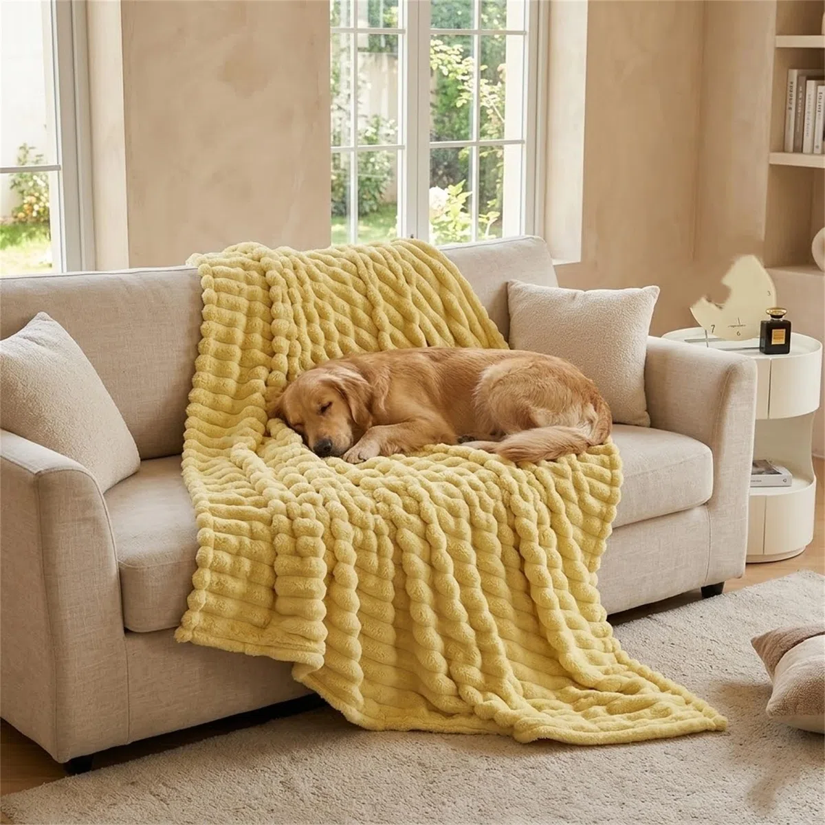 Manta calmante para perro, manta amarilla para perro, suave piel de conejo sintética diseñada para mascotas, suave y cómoda para sofá en interiores, perrera (amarillo, 120 x 200 cm)