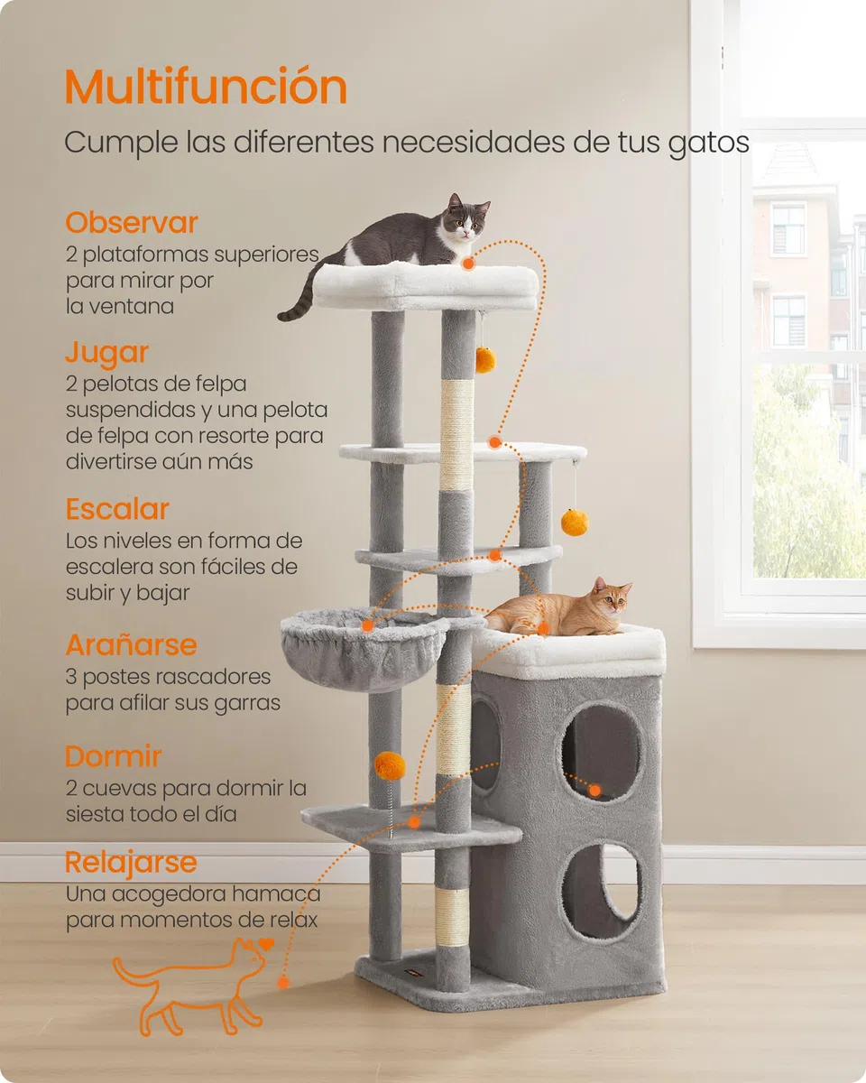 Feandrea Árbol Alto para Gatos, Altura de 152 cm, Rascador Multinivel con 2 Cuevas Grandes, una Hamaca, 3 Columnas para Arañarse, 3 Plataformas, Gris Paloma PCT007G01