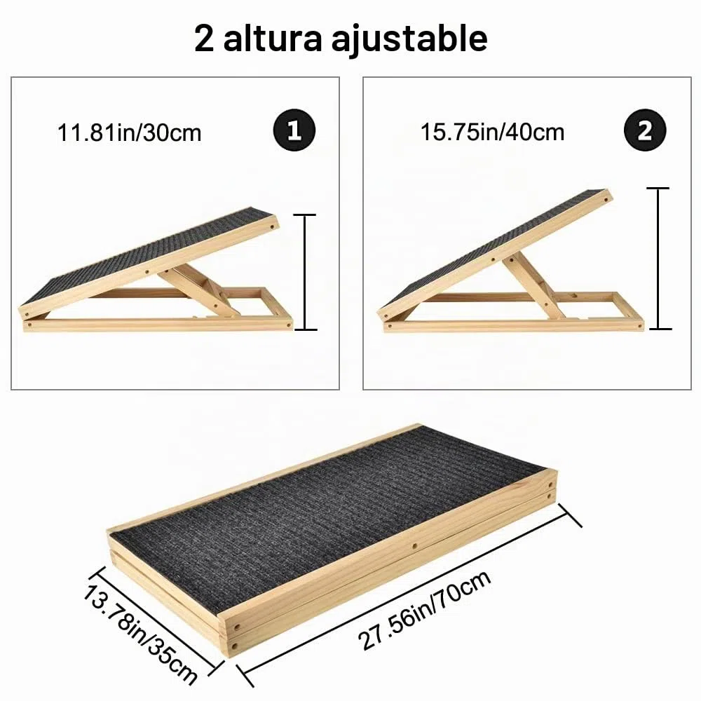 Efan Rampa de madera maciza de 70 x 35 cm para mascotas, escalera portátil de altura ajustable, superficie antideslizante, para coche, furgoneta, 2 unidades separadas