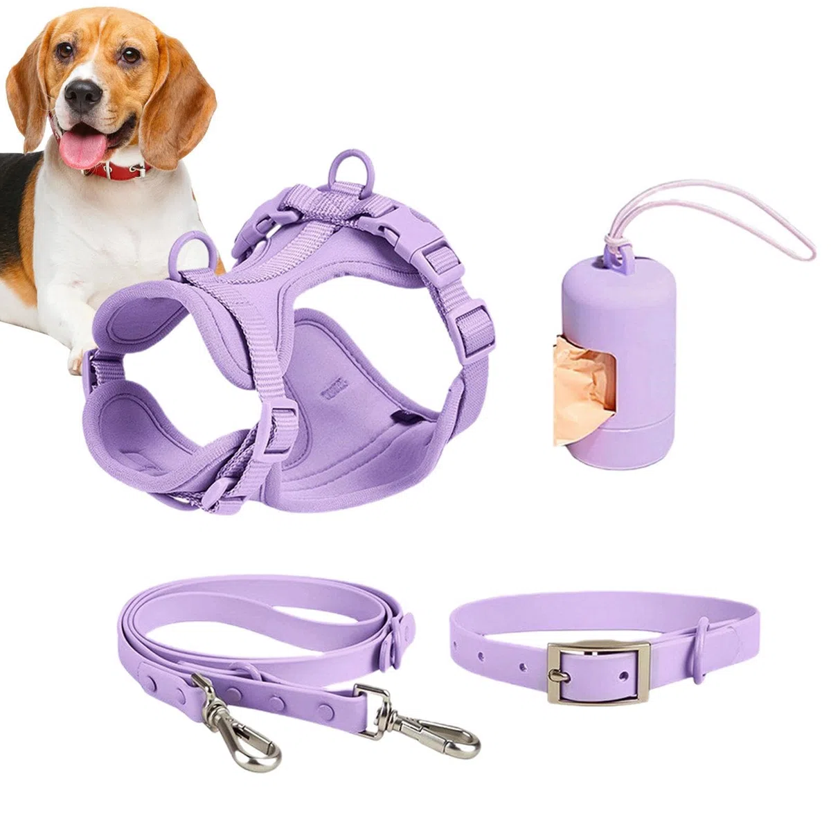 Juego de correas para perros | Juego de arnés para perros | Juego de correas para perros sin tirones con hebillas ajustables para cachorros con soporte para bolsas de excrementos