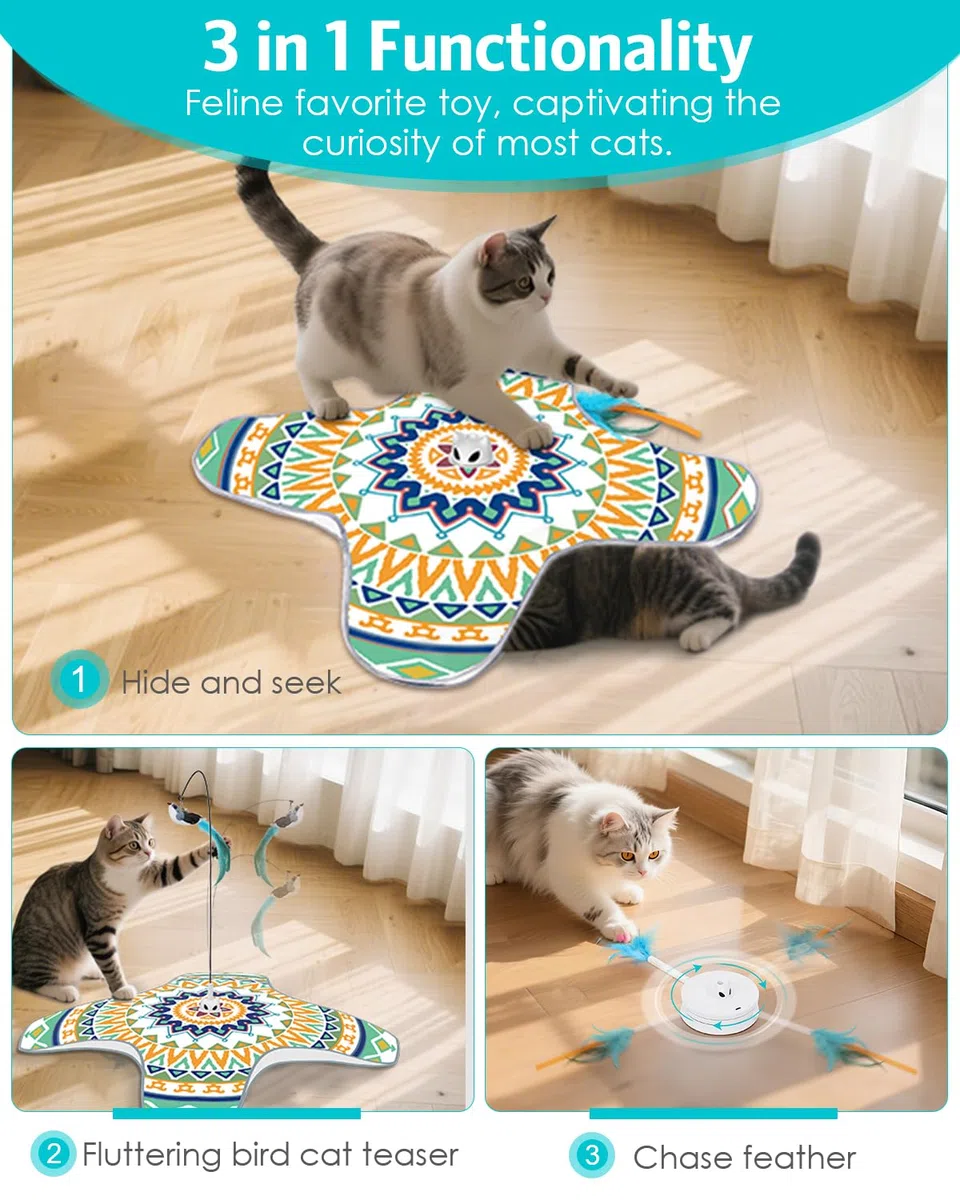 Juguete interactivo para gatos, juguetes recargables para gatos de interior, juguete automático de persecución de gatos, escondite, 2 modos, base de succión autosuficiente, juguetes de plumas