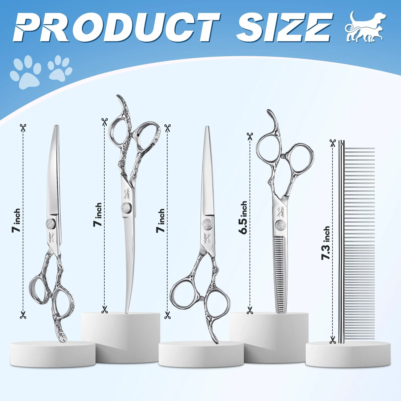 JASON Juego de tijeras profesionales para perros, 6 en 1, juego de tijeras rectas/curvadas/chunker y peine para perros, gatos, mascotas, con tornillo ajustable, color plateado