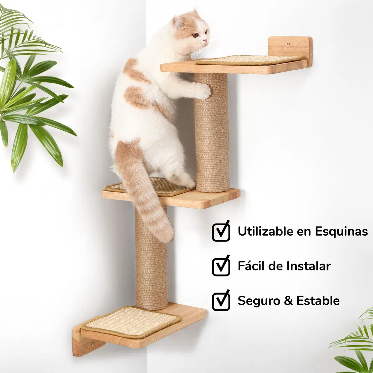 FUKUMARU Estantes de Pared para Gatos en Madera de Goma y Yute, 3 en 1 transformable con 3 tapetes para Rascar de Sisal, Montado en Pared, Adecuado para Escalar, Jugar y arañar