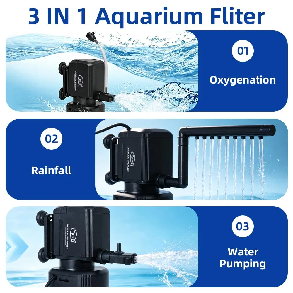 Filtro de acuario 4 en 1, filtro de luz U-V con temporizador, bomba interna de acuario con modo de bombeo de agua de lluvia de oxigenación para tanques de agua dulce y salada (12 W 1000 L/H)