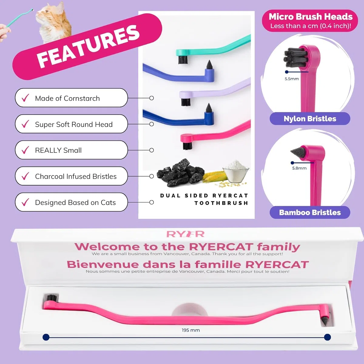 RYERCAT Juego de 5 cepillos de dientes de doble cara para gatos, cepillo de dientes con microcabeza (muy pequeño) para un ajuste personalizado, suministros de cuidado dental para gatos, cepillo de