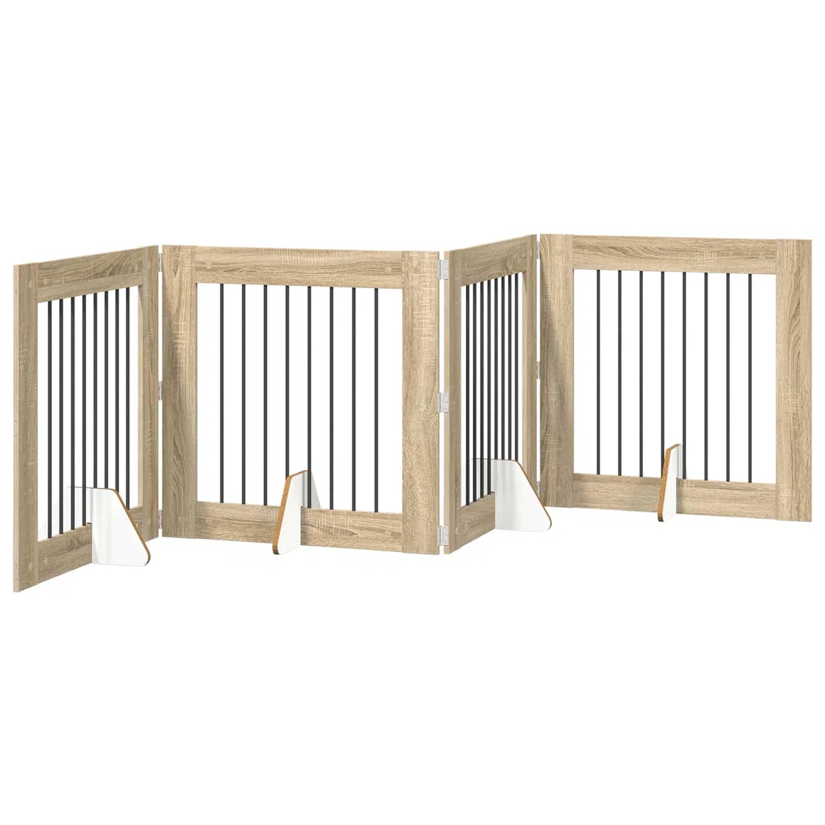 Puerta para perros con soporte, 4 piezas de roble Sonoma, plegable, 80 x 80 cm, vallas de metal para perros, para interior modular, parque de paseo, protección y seguridad para cachorros y