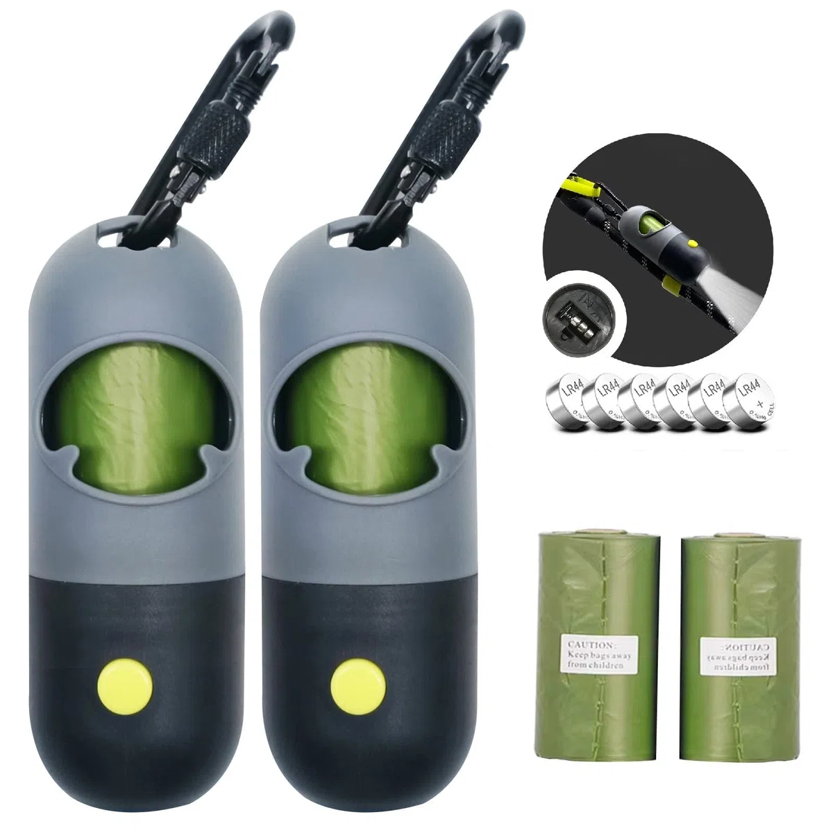Paquete de 2 bolsas de excrementos de perro con linterna soporte para bolsa de excrementos de perro con bolsas perfumadas verdes para caminar de perros (gris, 2 dispensadores, 60 bolsas)