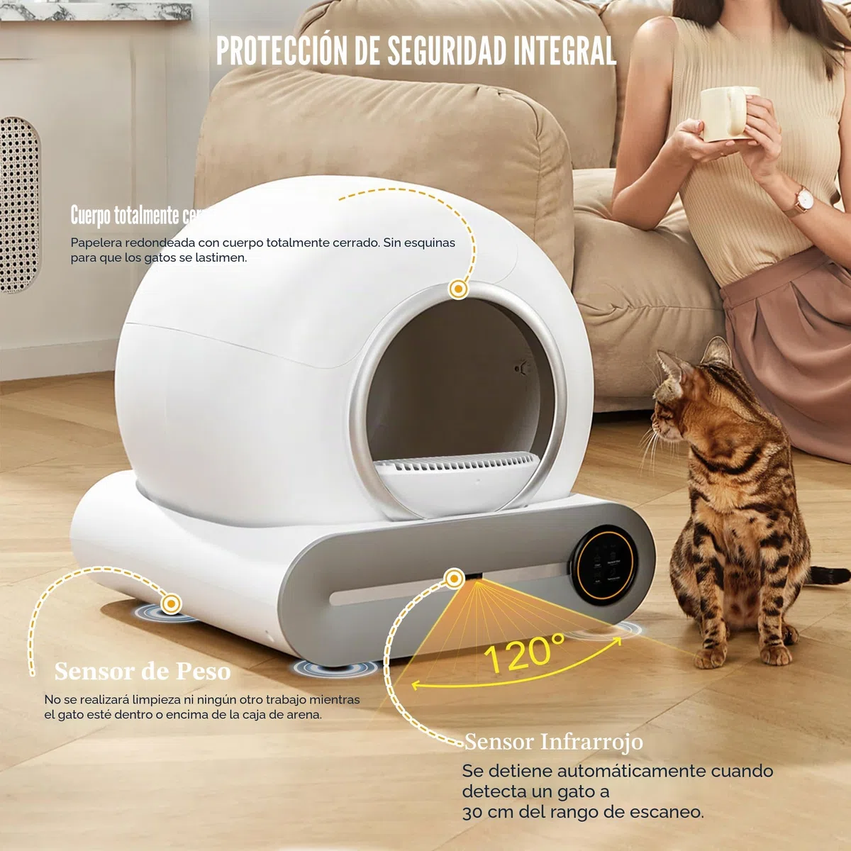 Caja de Arena Autolimpiable para Gatos Con Detector de Infrarrojos y Sensores de Peso, Eliminación de Olores, Gran Capacidad de 65 L + 9
