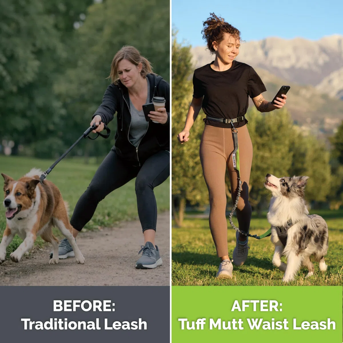 Tuff Mutt Correa de Perro Manos Libres, una Correa para Correr para Perros Que es una Gran Correa de Cintura para pasear Perros, Correa elástica de Doble asa con Costuras Reflectantes y cinturón
