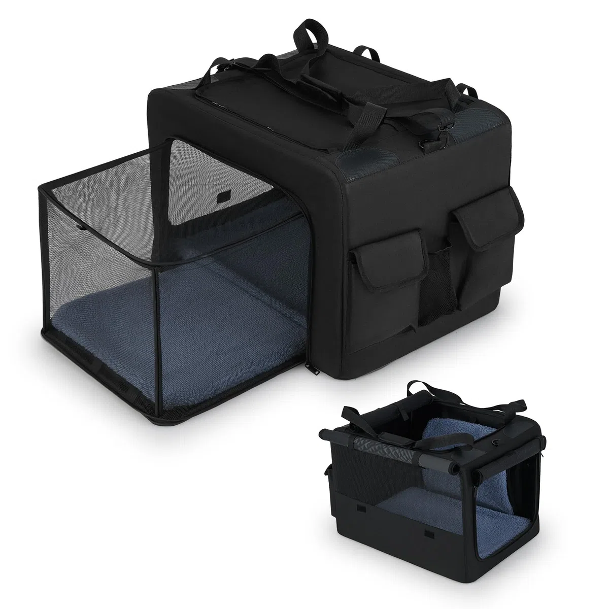 GOPLUS Transportín para Perros y Gatos Expansible, Bolsa Plegable con 5 Ventanas Transpirables, 2 Aperturas, Alfombrilla y Correa para el Transporte, Bolsa para Mascotas de Viaje (60x46x42cm)