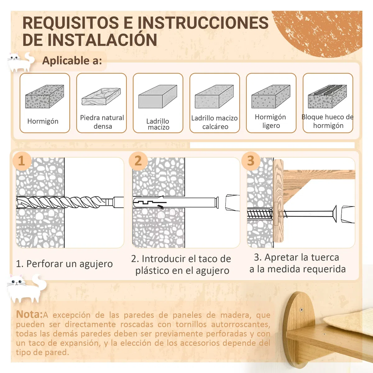 PawHut Estantes para Gatos de Pared 3 Piezas con Caseta y Hamaca Roble | Juego de Estantes Escalada para Gatos, Plataformas, Poste de Sisal