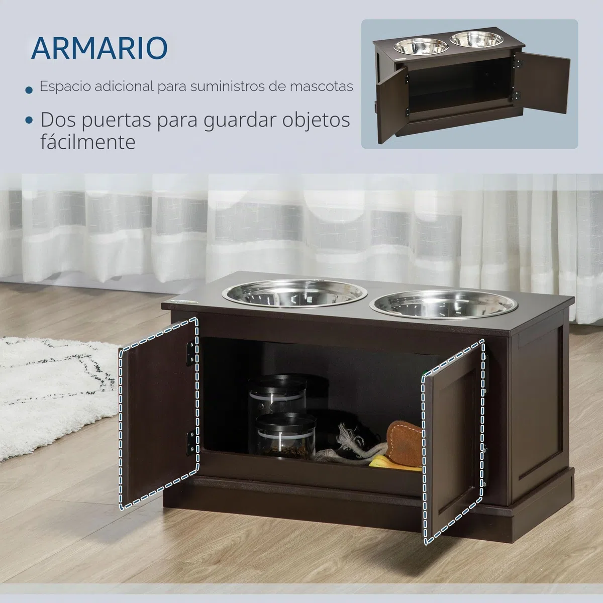 PawHut Comedero para perros, comedero elevado con 2 cuencos de acero inoxidable, cuenco de agua con espacio de almacenamiento de 29,5 l, comedero para perros grandes, café