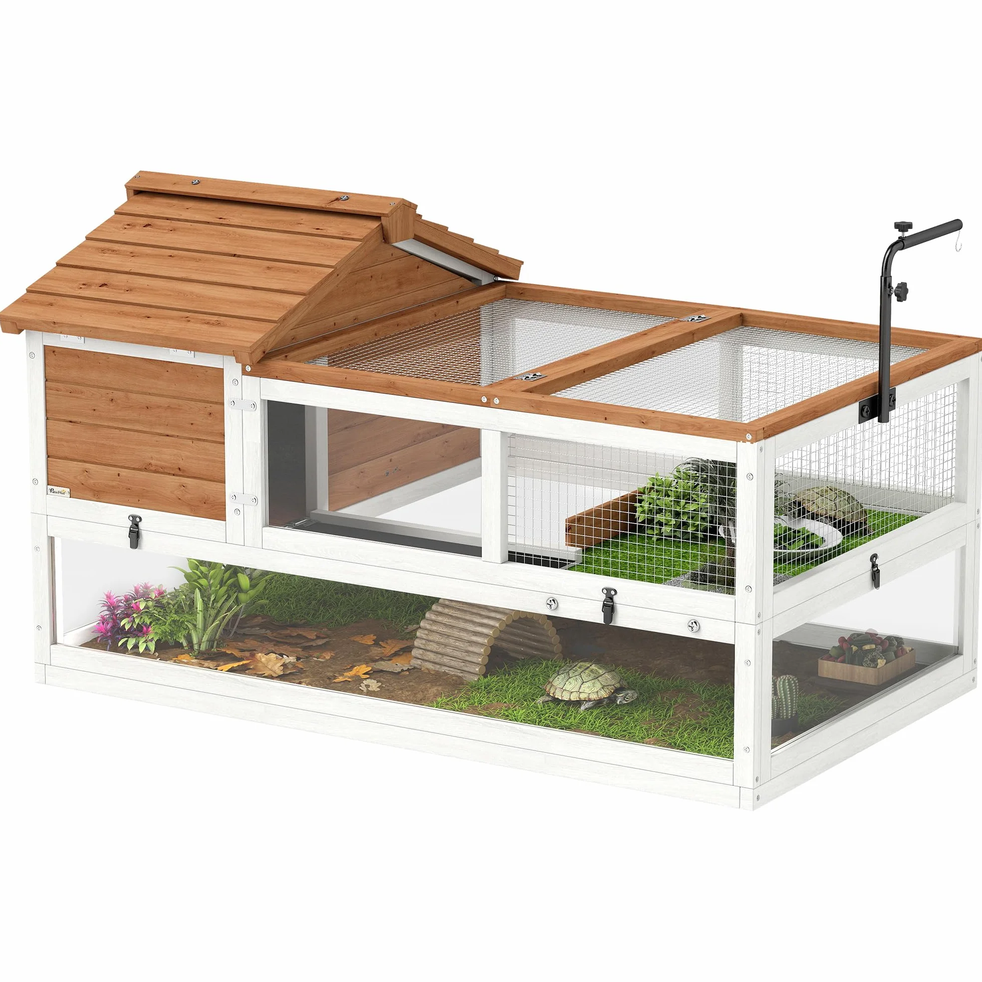 PawHut Casa para tortugas de madera con dos casas principales, soporte para lámparas, jaula de reptiles para exteriores, terrario para tortugas, reptiles, 116 x 70,5 x 69,5 cm, naranja