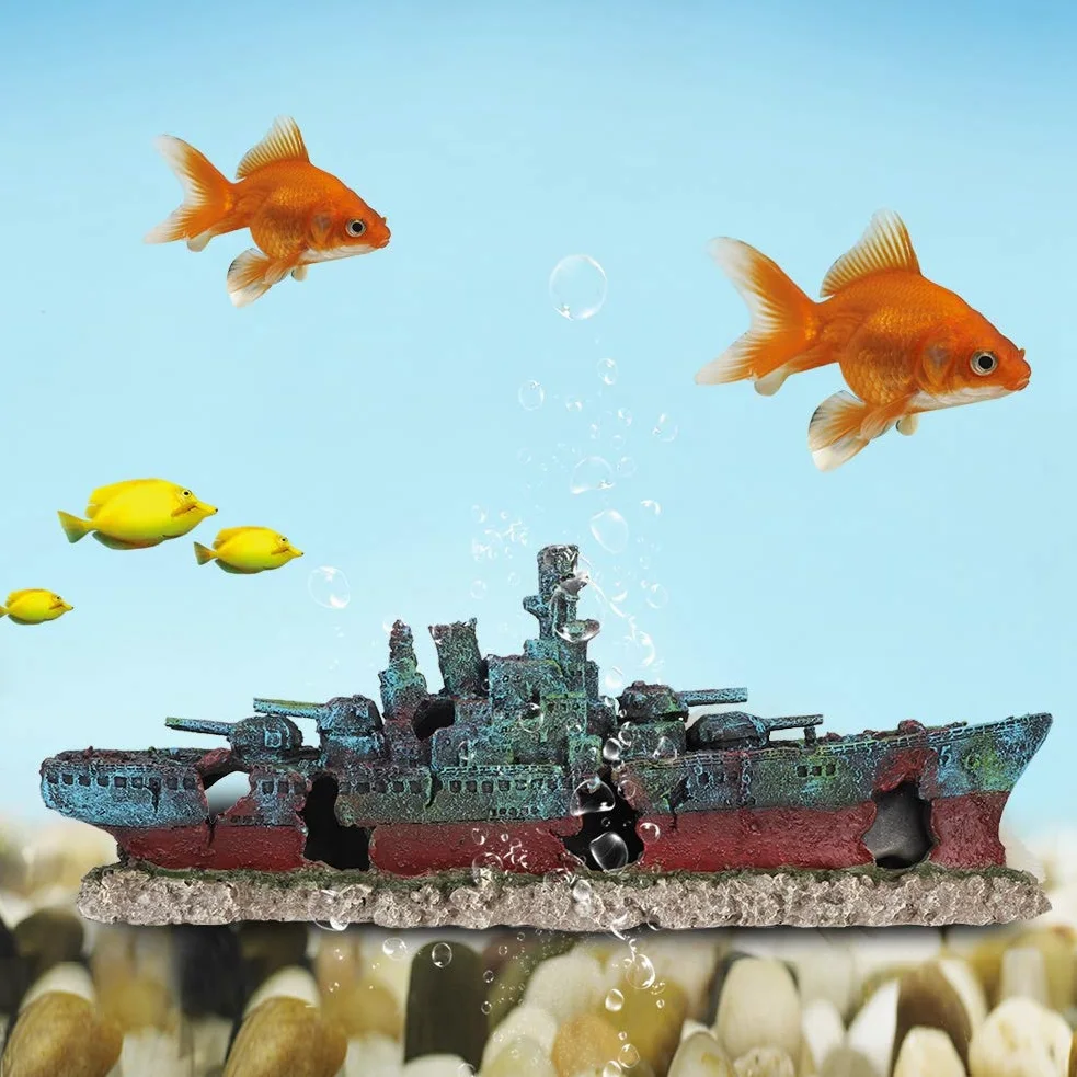 Barco de naufragio de Resina, Acorazado hundido, Barco de Guerra, pecera, Adorno de Acuario, decoración de Cueva, Modelo de Barco de naufragio de simulación con múltiples Agujeros