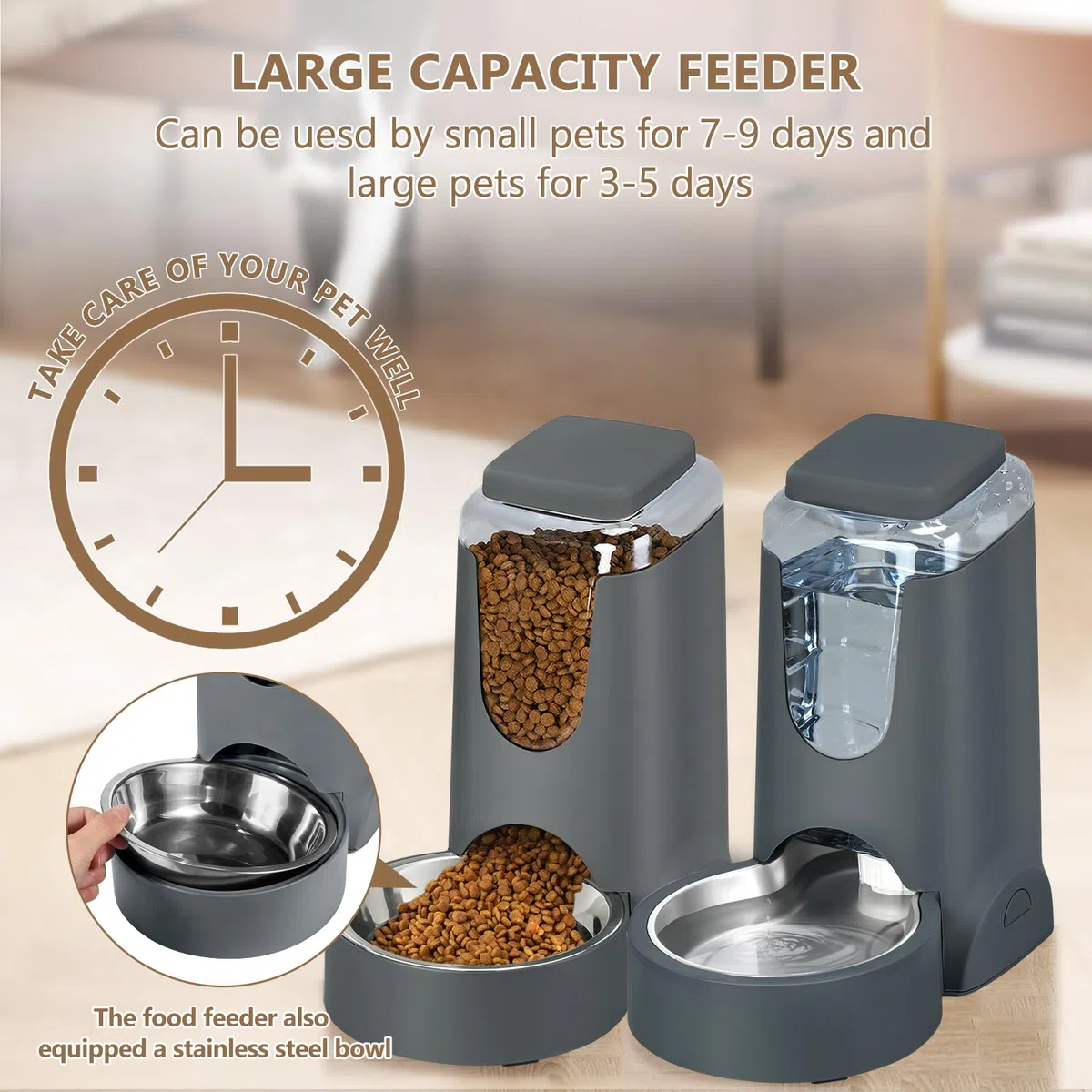 Comedero automático para gatos y perros y dispensador de agua con cuenco de acero inoxidable, alimentador de alimentos por gravedad y bebedero para mascotas pequeñas y medianas, cachorros, gatitos, 1