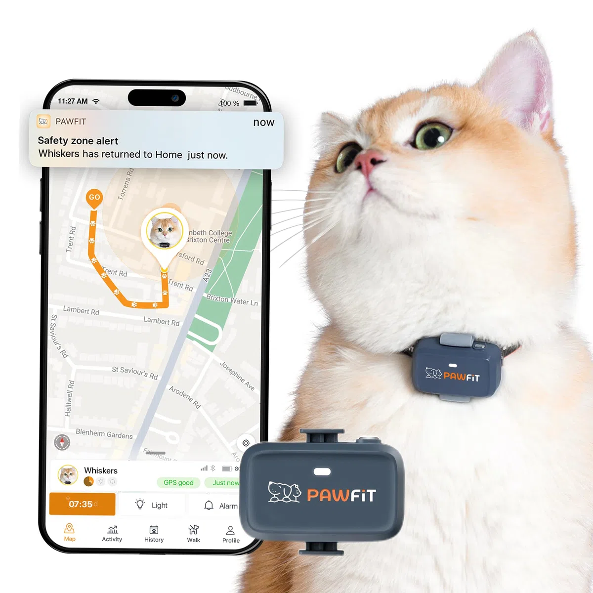 Pawfit Lite - Rastreador GPS 4g para gatos | Diseño ultra pequeño (<18g) | Seguimiento en tiempo real | Monitoreo de actividad | Historial de ubicaciones | Alcance ilimitado | Collar de seguridad
