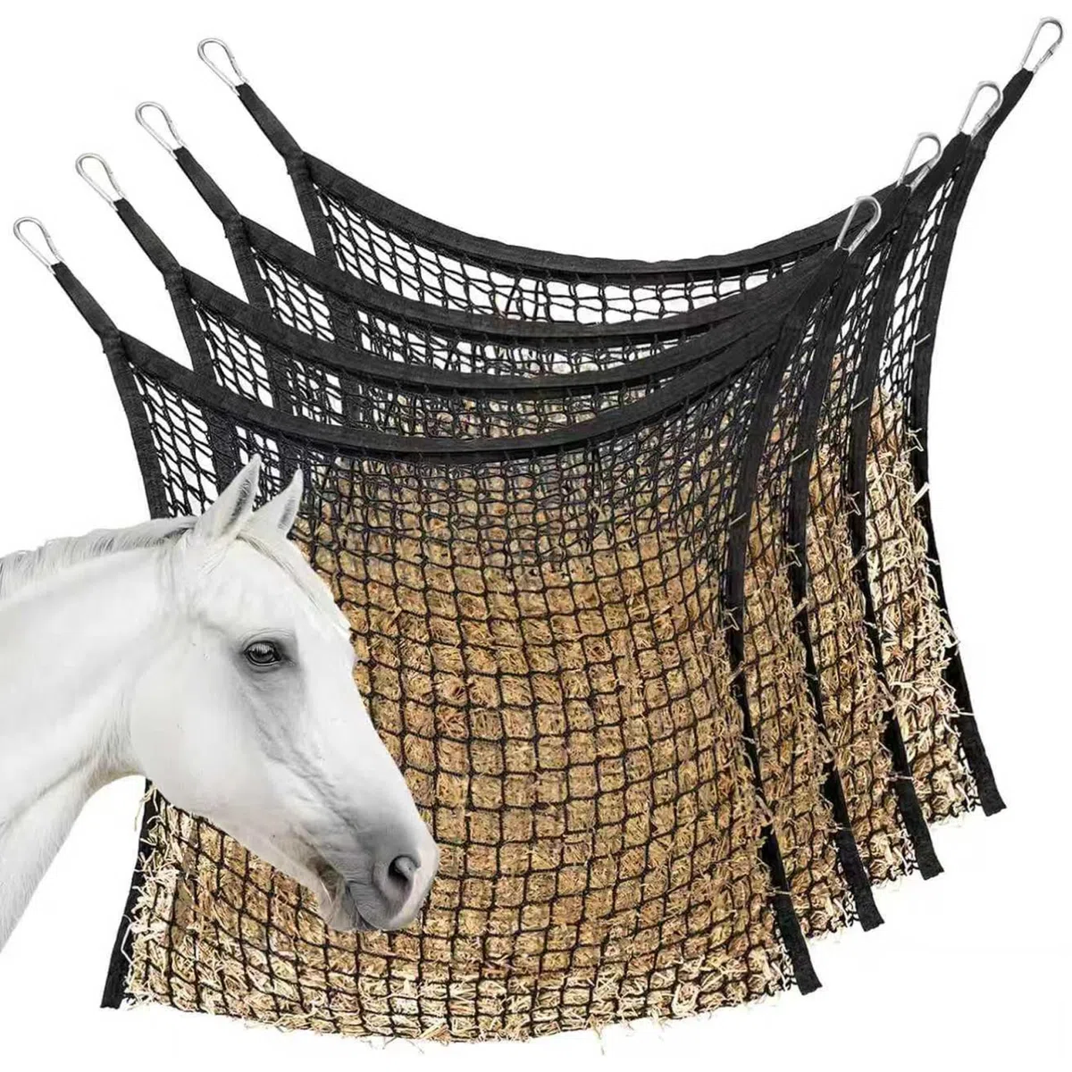 Suministros de riego para alimentación, 4 bolsas de heno para caballos, red de heno de alimentación lenta con 4 mosquetones reforzados, comedero para caballos para cabras, 35, 43 x 31, 50 pulgadas