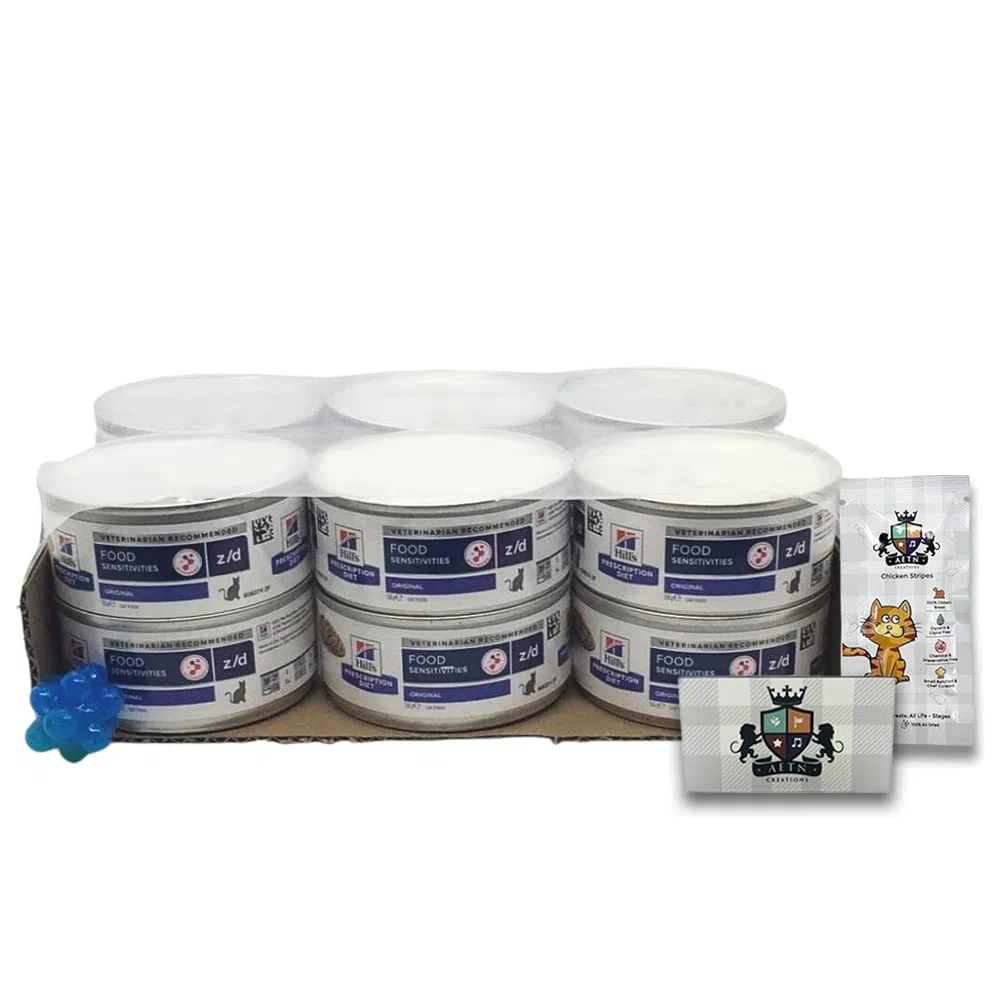 AETN Creations Z/D Alimento Húmedo para Gatos con Sensibilidad Alimentaria, Paquete de 12 Latas de 156g, con Golosina y Juguete para Gato de AETN
