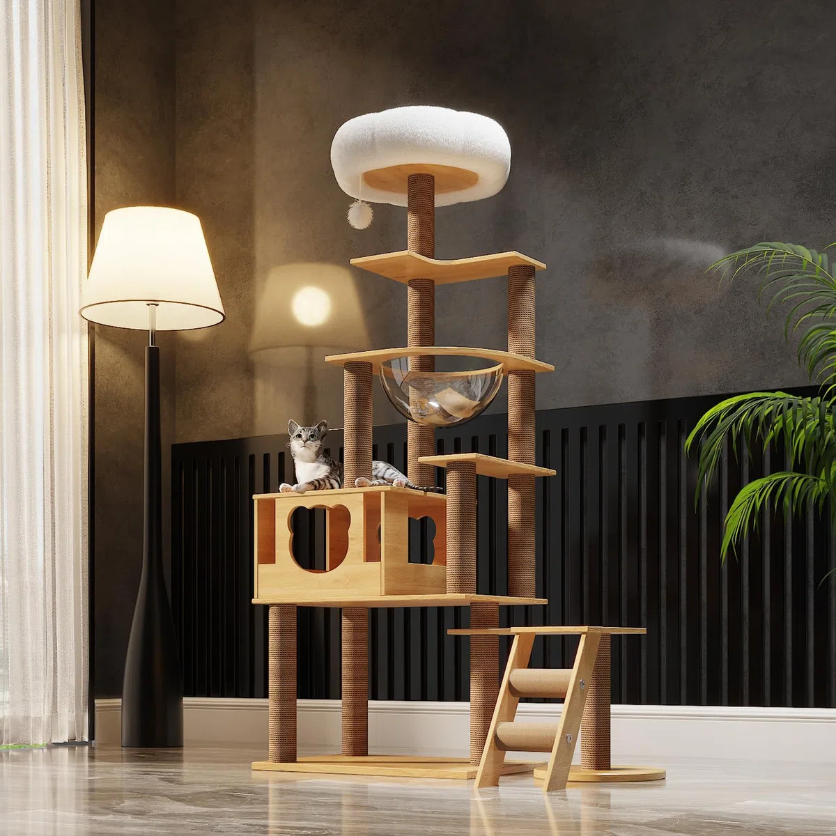 Rascador para Gatos Grandes,165 cm Arbol para Gatos con 12 Postes, 1 Casa para Gatos,Cápsula Espacial Transparente, 3 Plataformas,Pompón,1 Escalera de sisal para moler Garras(Color Madera