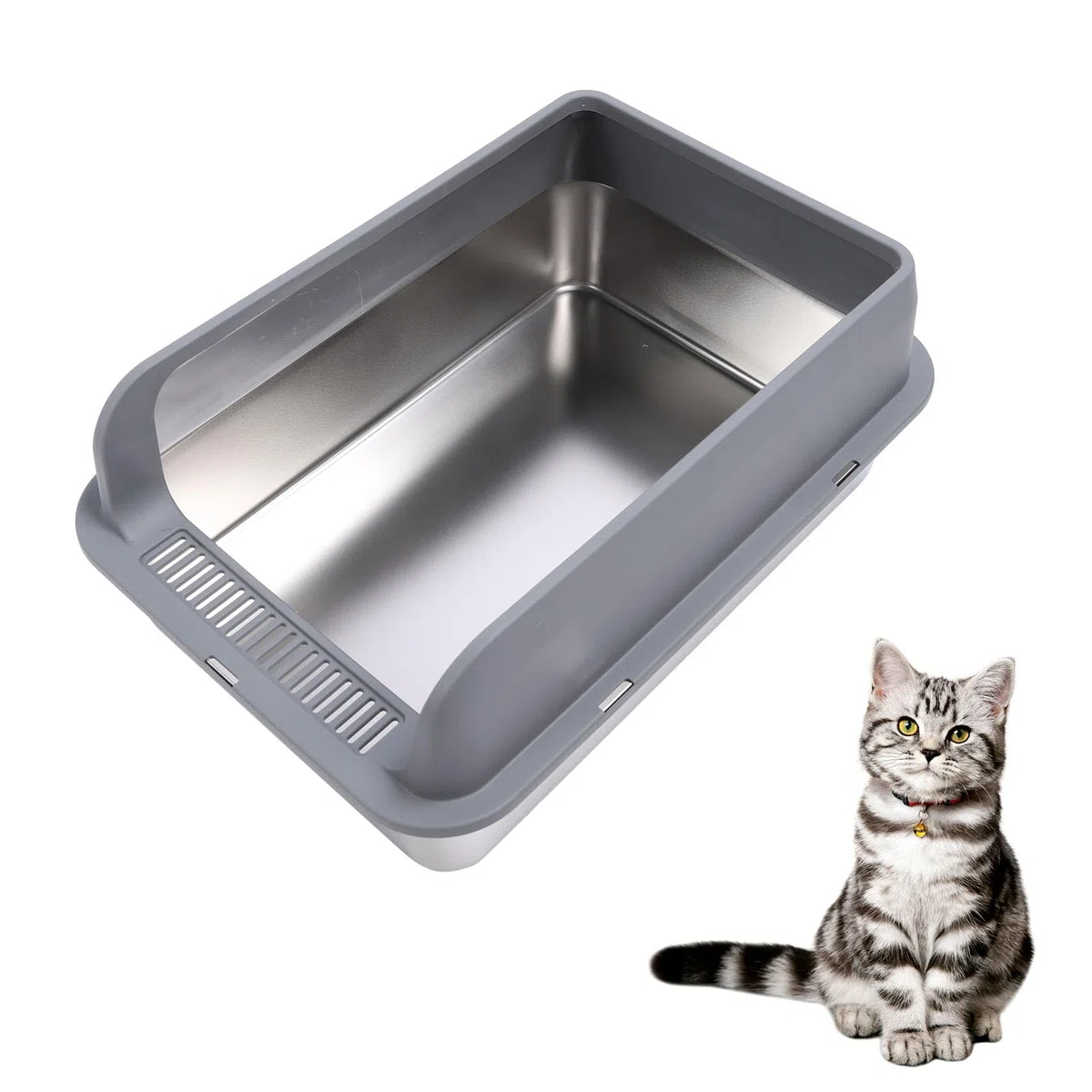 Caja de arena cerrada de acero inoxidable, caja de arena para gatos de cara alta con tapa, espacioso diseño semicerrado para gatos grandes, sin olor y fácil de limpiar (grande: aprox.