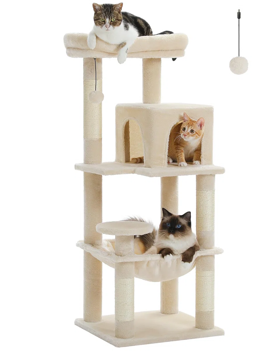 PAWZ Road Árbol para Gatos Con Hamaca de Felpa de Metal, Torre Con Casa Condo de 2 Puertas, Estantes de 6 Niveles Con Poste Rascador, Gran Barra Superior Beige 116 cm