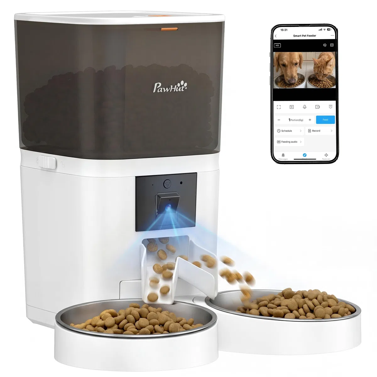 Comedero automático para Gatos PawHut con cámara HD para 2 Gatos, dispensador Inteligente de Comida para Mascotas de 6 litros con WiFi 2.4G/5G y Control Mediante aplicación, comedero programable con