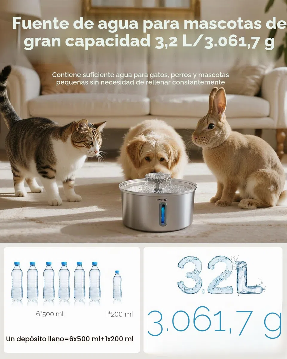 Invengo Fuente para Gatos Acero Inoxidable, 3.2L con Boquilla de Flor, Filtración de 5 Etapas, Ventana de Nivel y Fácil Limpieza - Ideal para Gatos y Perros Pequeños, Incluye 4 Filtros de Repuesto
