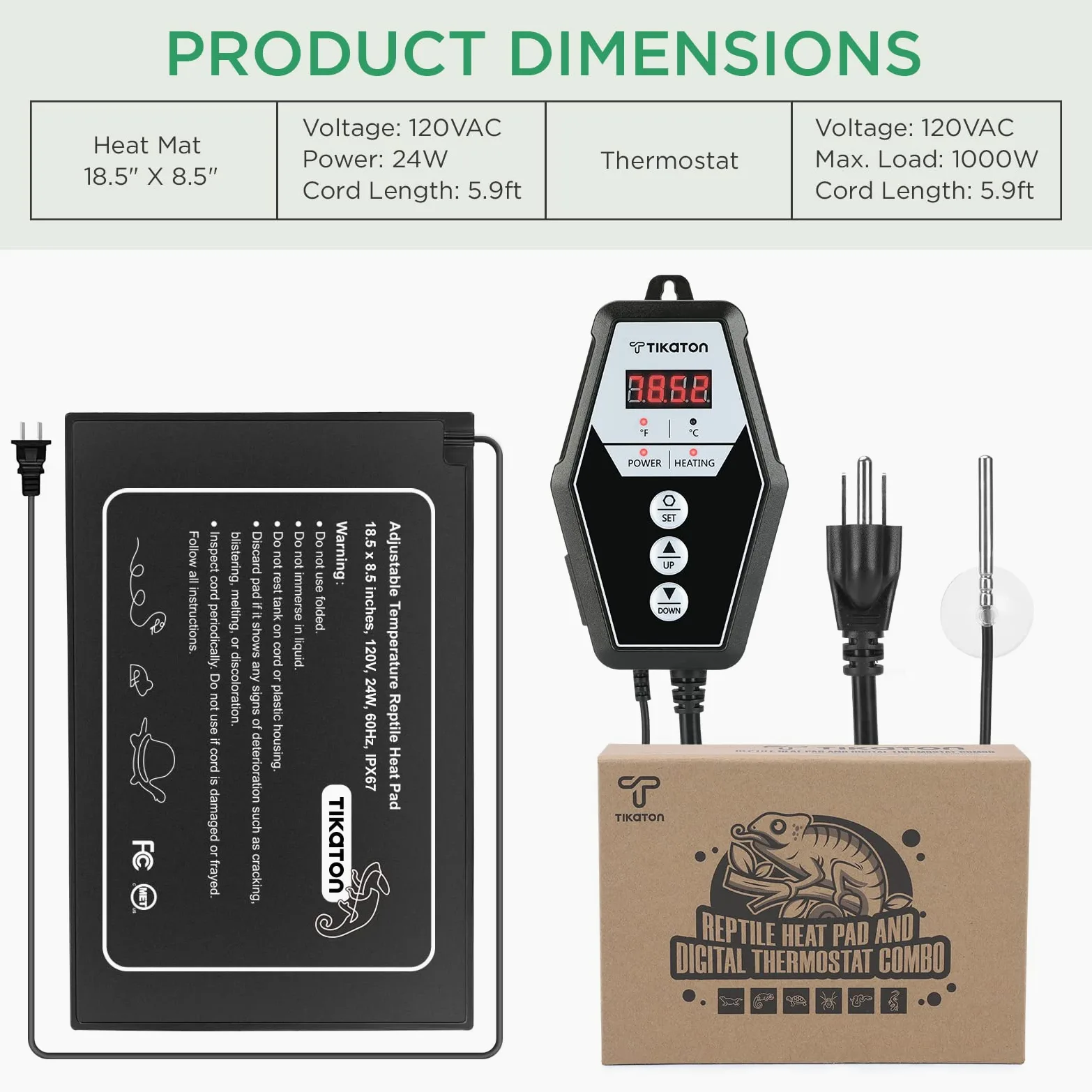 Tikaton Juego Combinado De Almohadilla De Calefacción Para Reptiles Y Termostato Digital, Calentador Debajo Del Tanque Para Tanque De 10-20 Gal/30-40 Gal, Alfombrilla De Calor Para Terrario Para Tortu