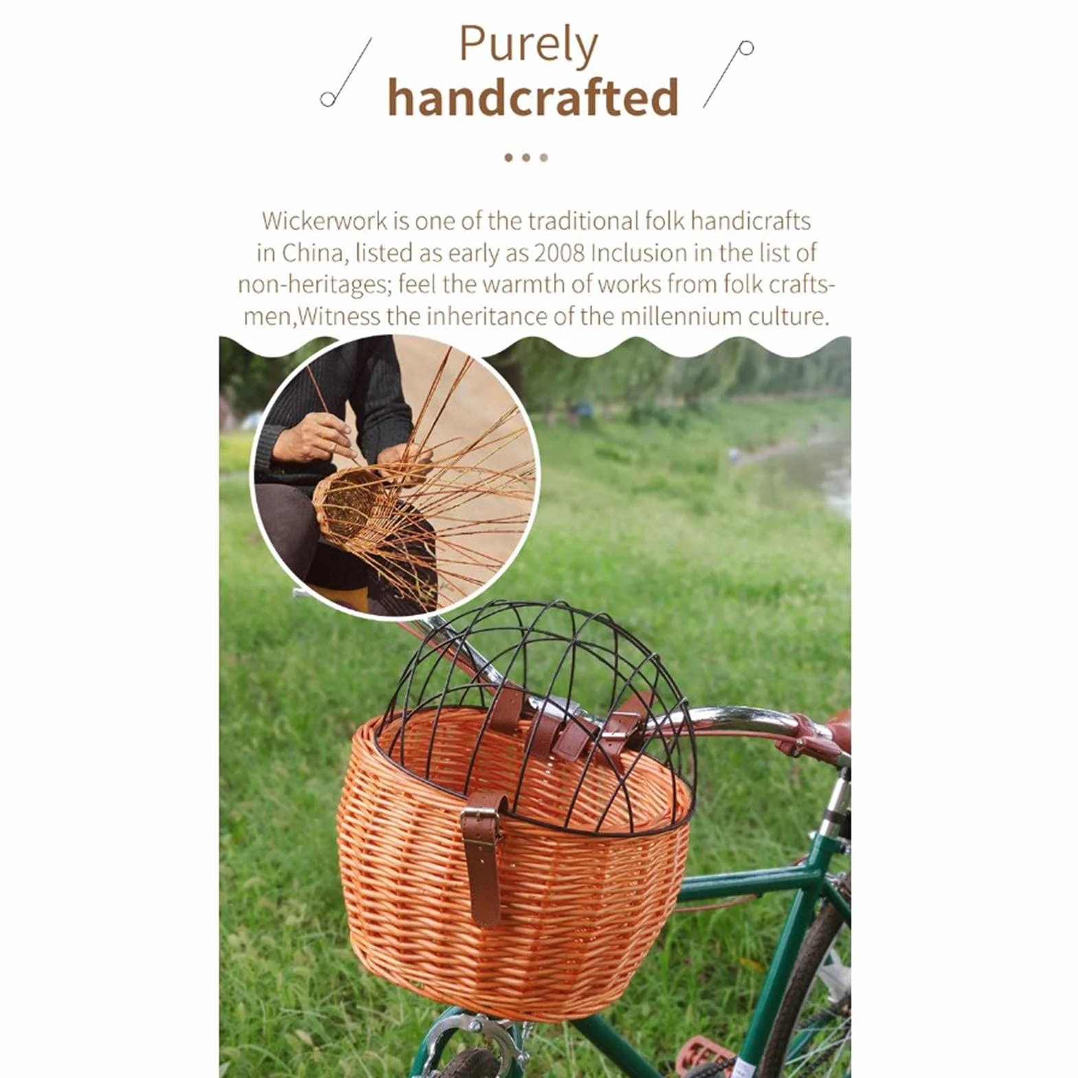 Cesta de Bicicleta para Mascotas, Cesta de Mimbre para Bicicletas para Perros Pequeños, Gatos, Cesta Delantera con Cubierta de Malla de Alambre