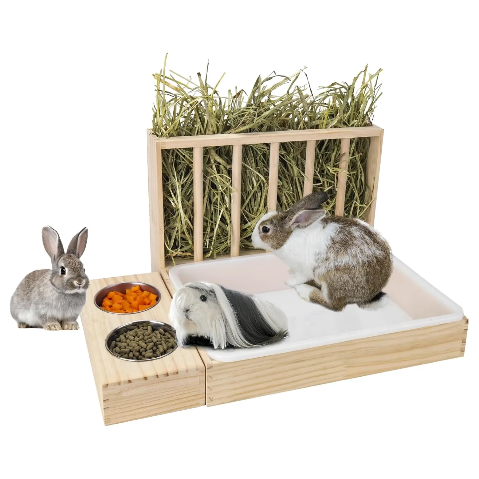 3 en 1 Alimentador de Conejo con Caja de y 2 Tazones Guinea Manger Grass Food Food Feeder Alimentador de Madera Multifuncional Estructura Anti -propina para Mascotas Pequeñas