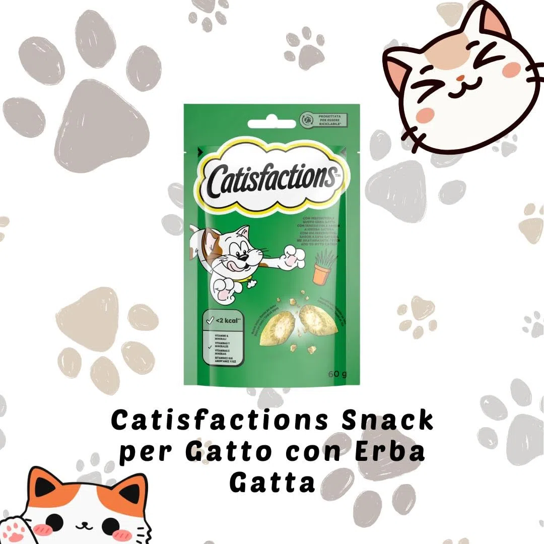 Snack para gatos Catisfactions, snack para gatos adultos y cachorros sabor hierba gata. 6 paquetes de 60 gramos cada uno.