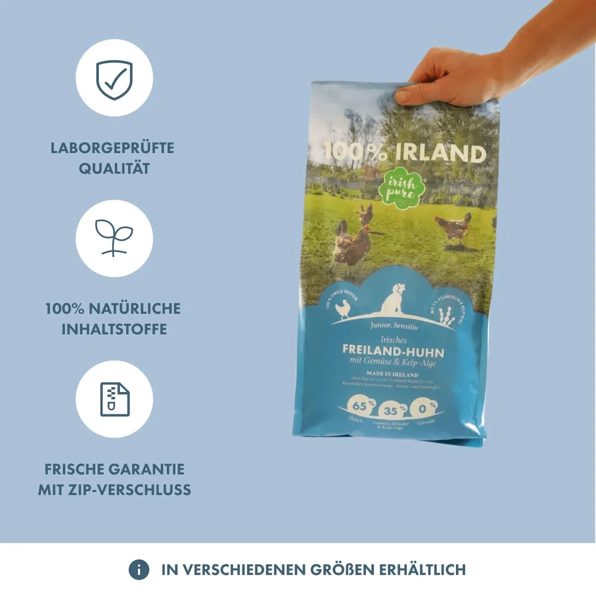 Irish Pure Alimento seco para Cachorros, 12 kg, Pollo con Algas y Verduras, Junior, Alto Porcentaje de Carne, sin Cereales, Sensible, para Todas Las Razas