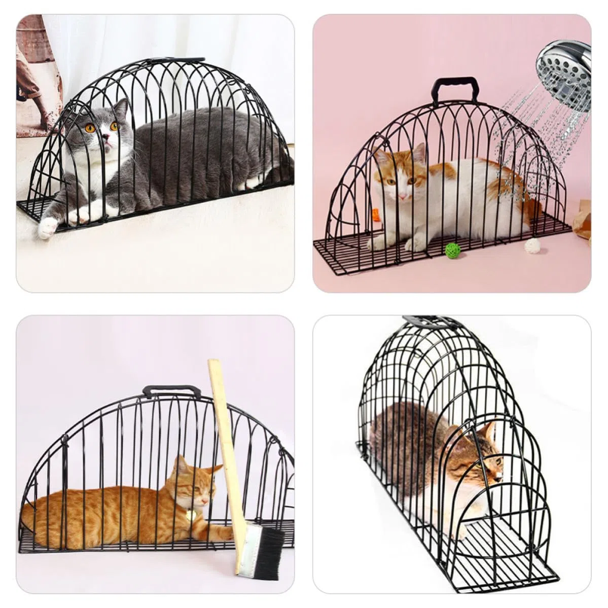 Jaula de Baño para Gatos con Cepillo, Secado, Metal Negro