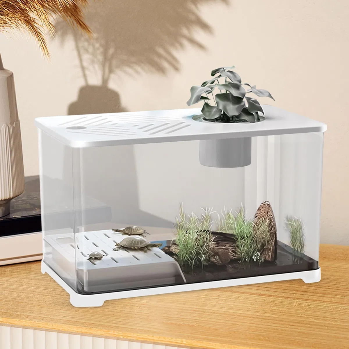 Acuario Kits De Inicio para Acuarios Grandes | Contenedor Panorámico Con Zona Para Tortugas Y Plantas Acuáticas, Para Guppys, Gambas, Caracoles Y Decoración De Escritorio